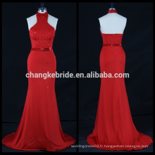 Elegant Red Beaded Sequins Mermaid Robe de soirée Halter Long Party Dress